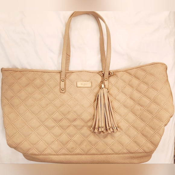 Tan BCBG Paris Tote Quilted Faux Leather with Detachable Tassle  Key Chain - Picture 11 of 14